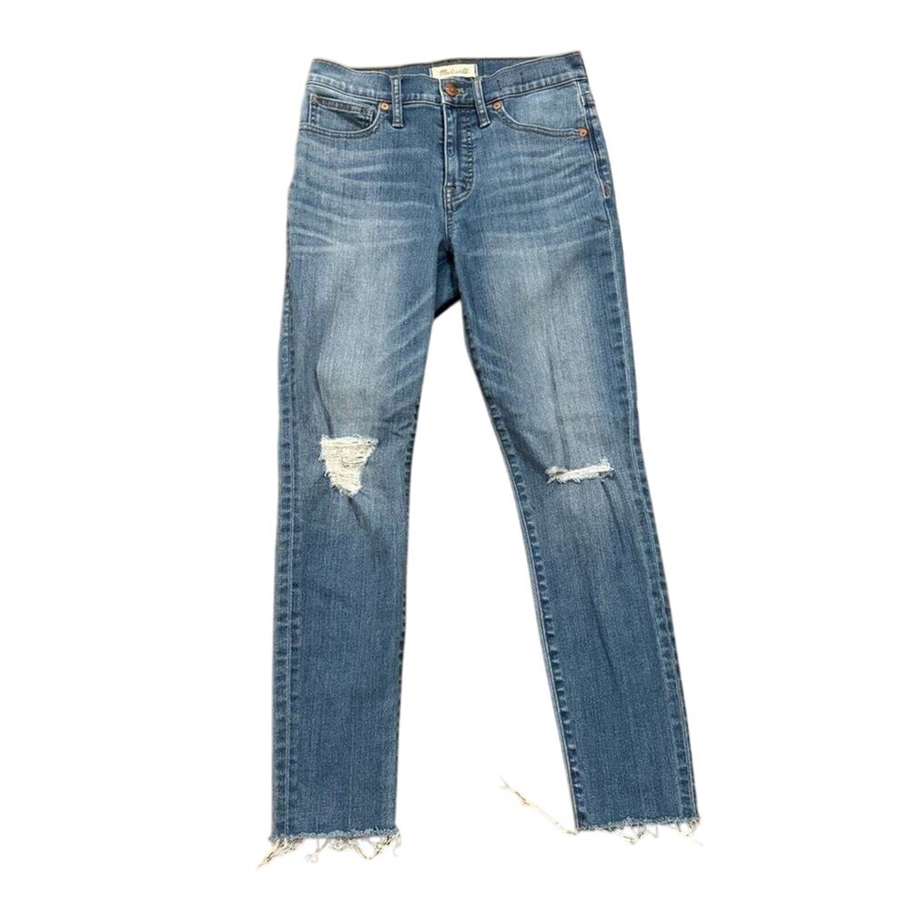 Madewell 9" Mid-Rise Skinny Ankle Jeans Ripped Knee Womens 26 Raw Hem Light Wash